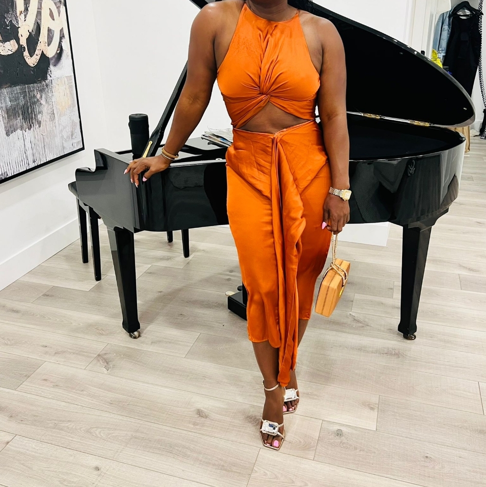 Andrea Iyamah Women's Reni Midi Dress orange knotted dress M